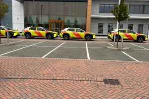 Freshly marked parking bays with vehicles in an office car park