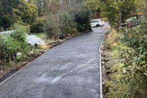New tarmac driveway laid along a tree-lined path